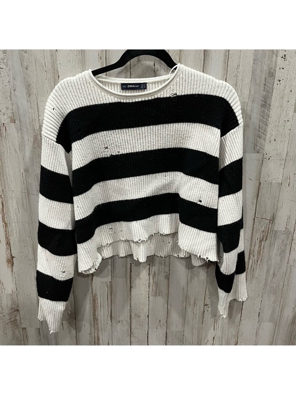 Zara Striped Cropped Distressed Boxy Oversized Sweater